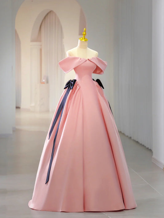 Pink Satin Floor Length Prom Dress, Off Shoulder Party Dress TP403