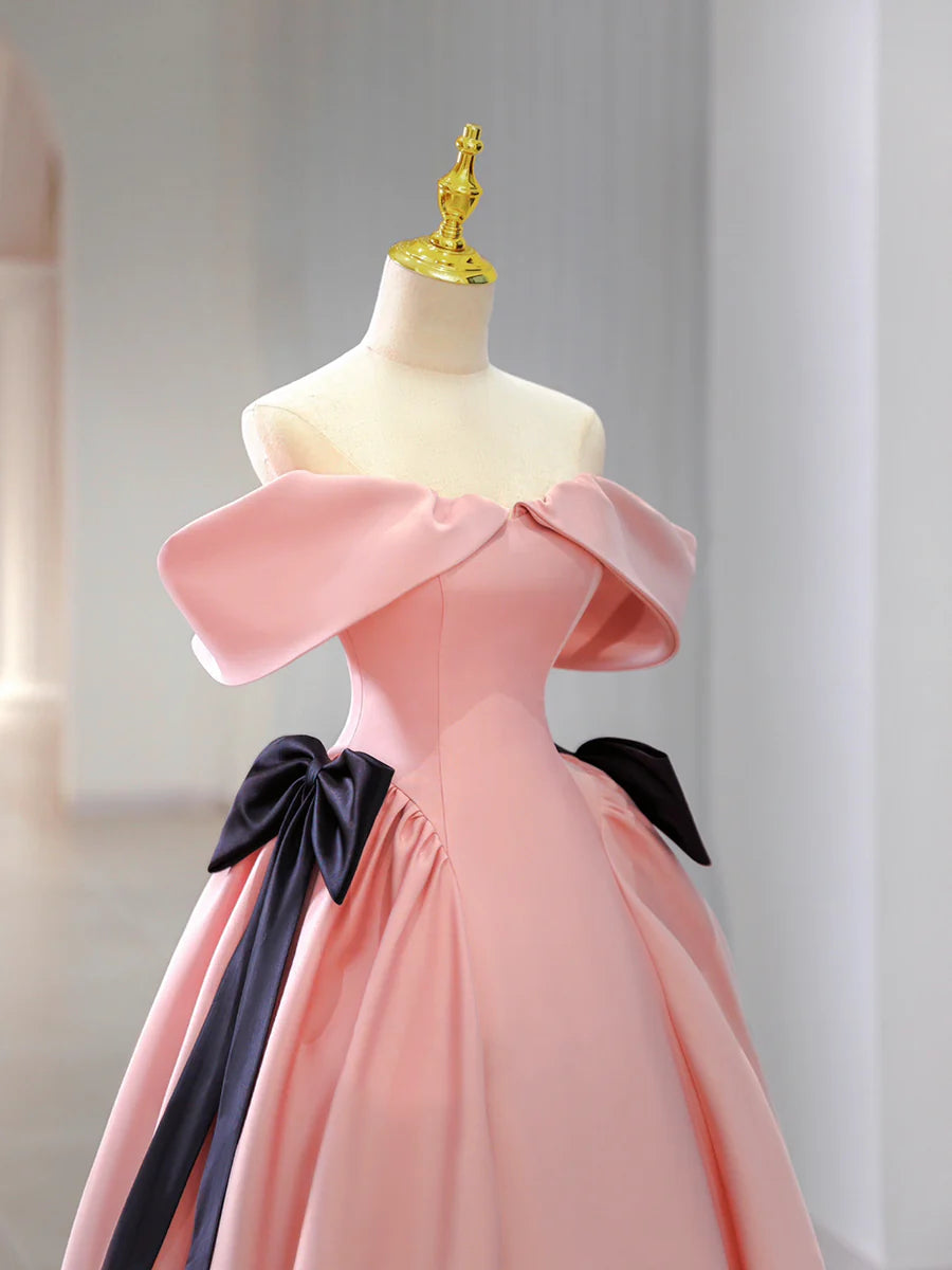 Pink Satin Floor Length Prom Dress, Off Shoulder Party Dress TP403