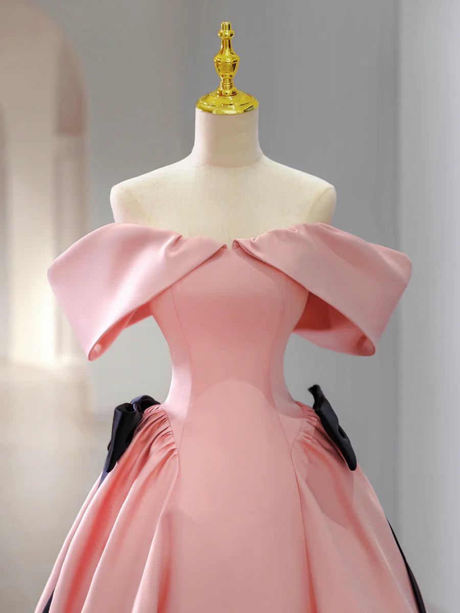 Pink Satin Floor Length Prom Dress, Off Shoulder Party Dress TP403
