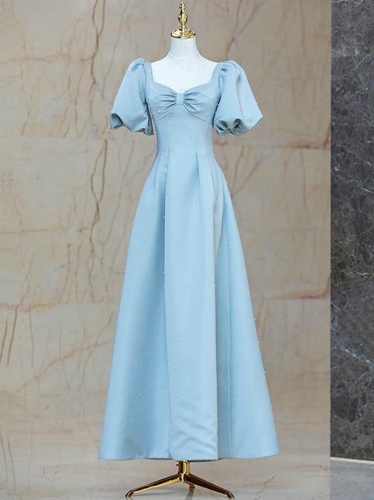 Blue Satin Pearl Long Prom Dress, A-Line Blue Evening Party Dress TP406