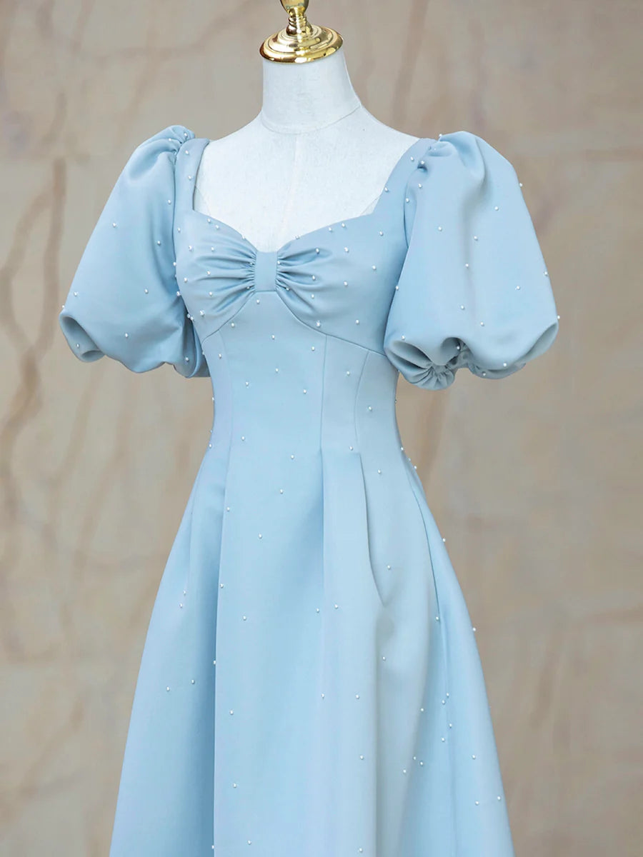 Blue Satin Pearl Long Prom Dress, A-Line Blue Evening Party Dress TP406