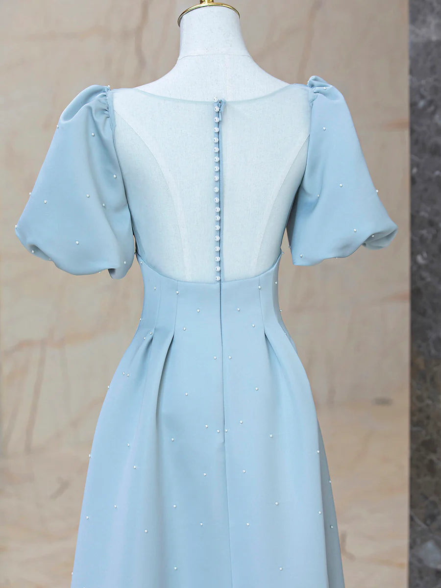Blue Satin Pearl Long Prom Dress, A-Line Blue Evening Party Dress TP406