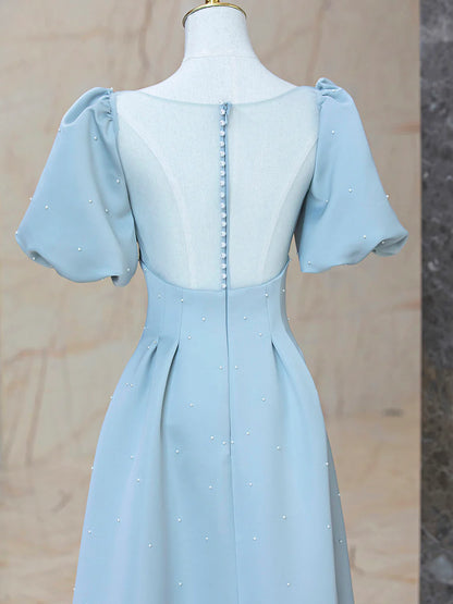 Blue Satin Pearl Long Prom Dress, A-Line Blue Evening Party Dress TP406