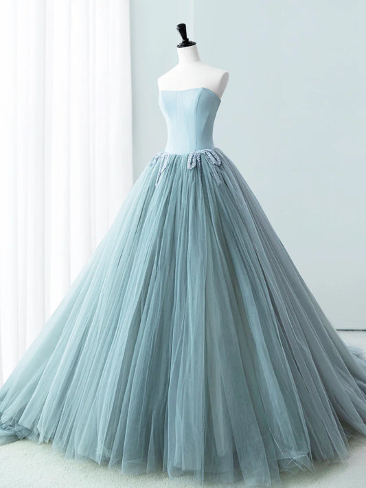 Blue Satin Tulle Long Prom Dress, Lovely Strapless Evening Dress TP408