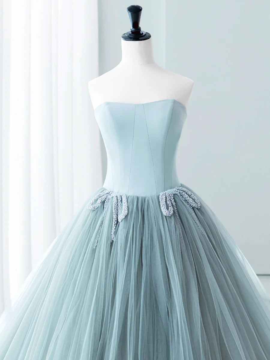 Blue Satin Tulle Long Prom Dress, Lovely Strapless Evening Dress TP408