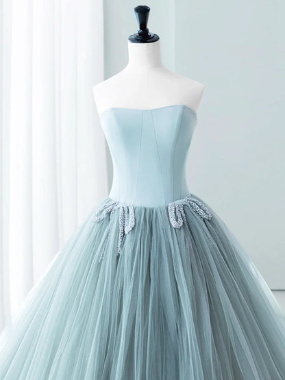 Blue Satin Tulle Long Prom Dress, Lovely Strapless Evening Dress TP408
