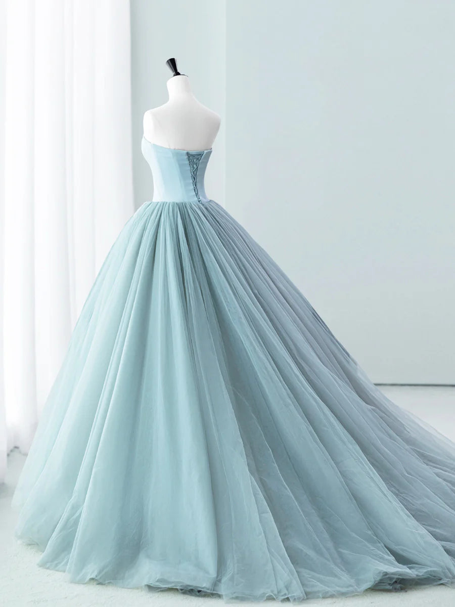 Blue Satin Tulle Long Prom Dress, Lovely Strapless Evening Dress TP408