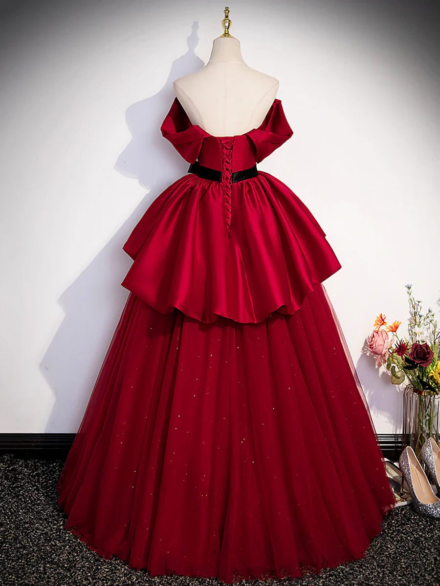 Burgundy Sweetheart Neck Formal Dress, A-Line Tulle Floor Length Prom Dress TP409