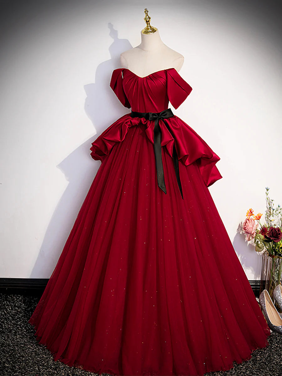 Burgundy Sweetheart Neck Formal Dress, A-Line Tulle Floor Length Prom Dress TP409