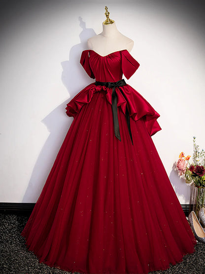 Burgundy Sweetheart Neck Formal Dress, A-Line Tulle Floor Length Prom Dress TP409