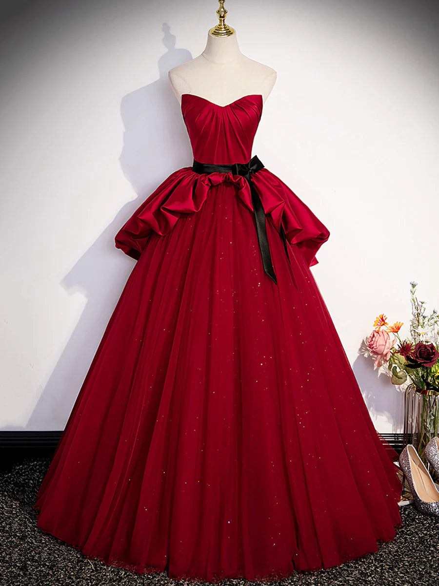 Burgundy Sweetheart Neck Formal Dress, A-Line Tulle Floor Length Prom Dress TP409