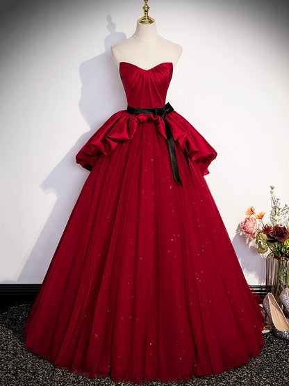 Burgundy Sweetheart Neck Formal Dress, A-Line Tulle Floor Length Prom Dress TP409