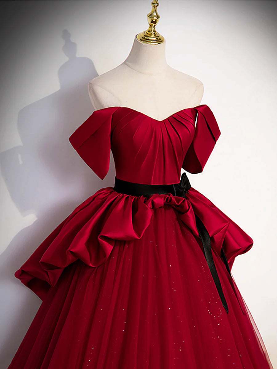 Burgundy Sweetheart Neck Formal Dress, A-Line Tulle Floor Length Prom Dress TP409