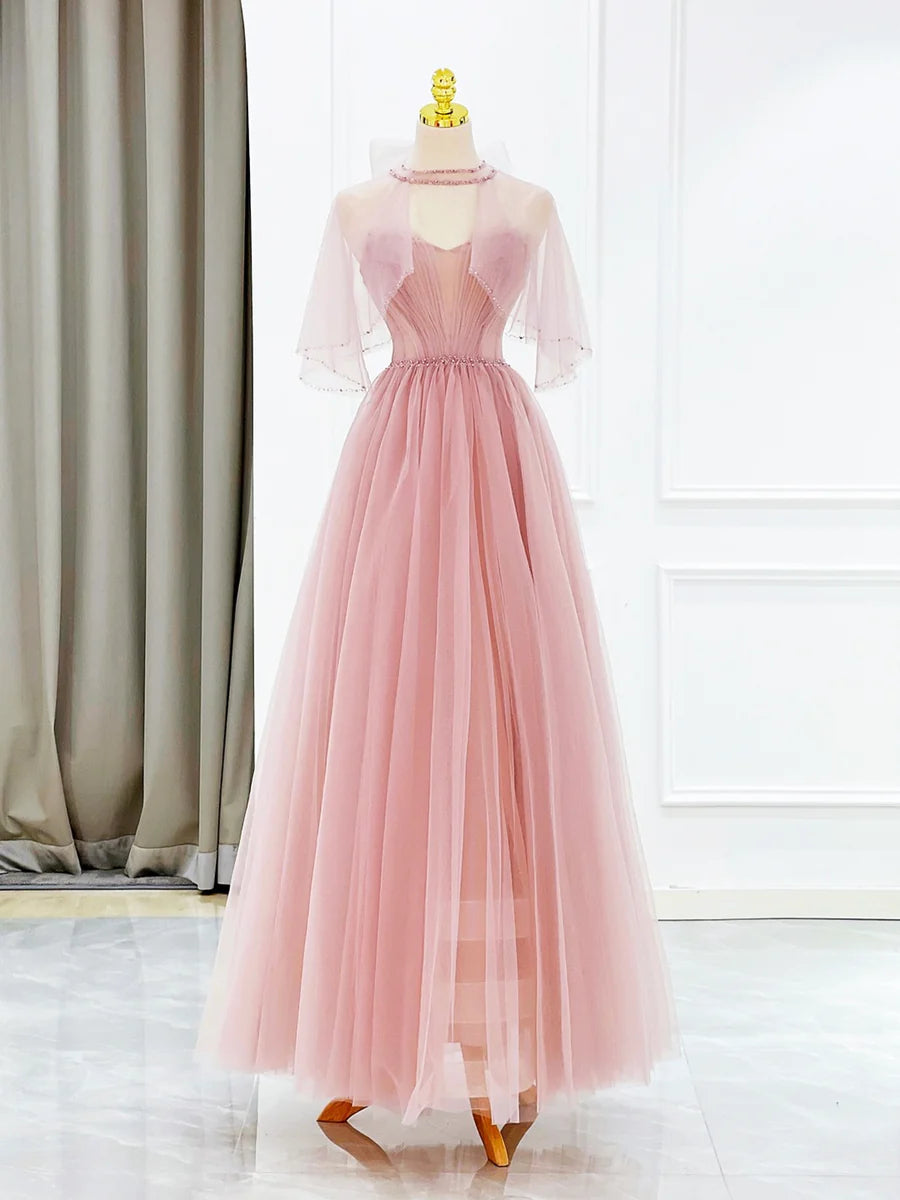 Pink Tulle Long Prom Dress with Beaded, Lovely A-Line Evening Dress TP411