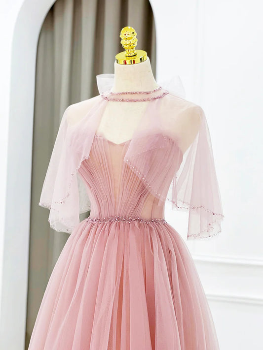 Pink Tulle Long Prom Dress with Beaded, Lovely A-Line Evening Dress TP411