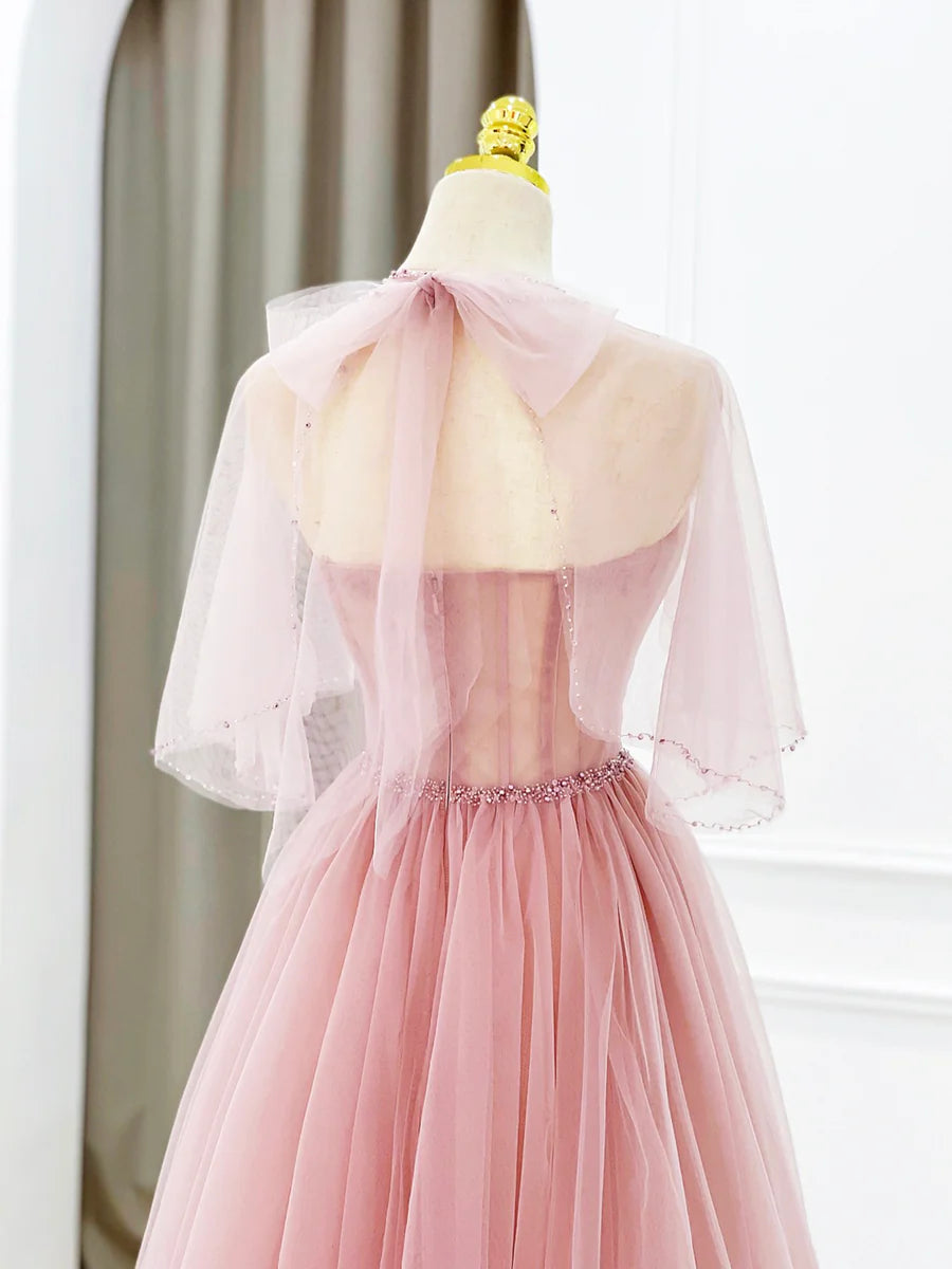 Pink Tulle Long Prom Dress with Beaded, Lovely A-Line Evening Dress TP411