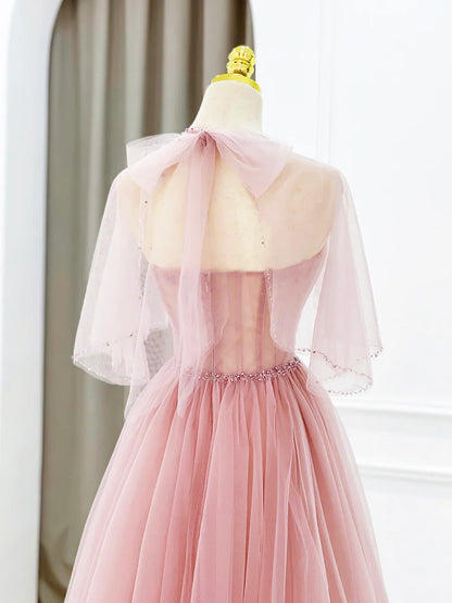 Pink Tulle Long Prom Dress with Beaded, Lovely A-Line Evening Dress TP411
