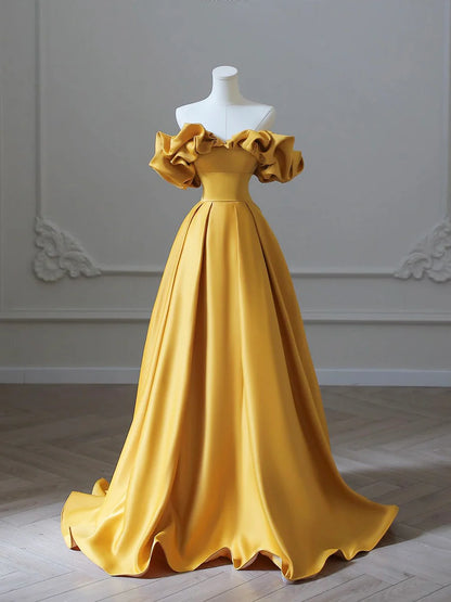 Yellow Satin Long Prom Dress, Off Shoulder A-Line Evening Dress TP413