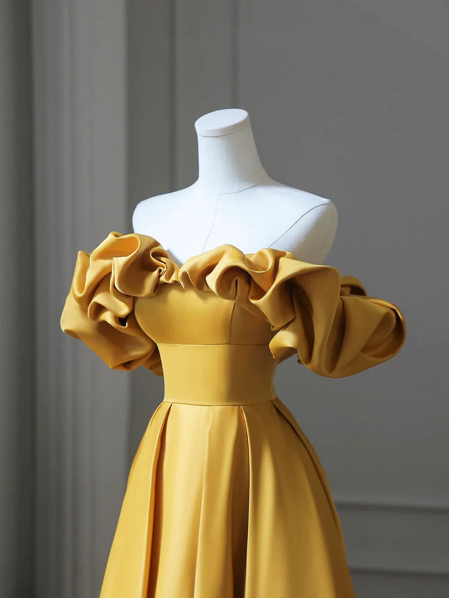Yellow Satin Long Prom Dress, Off Shoulder A-Line Evening Dress TP413