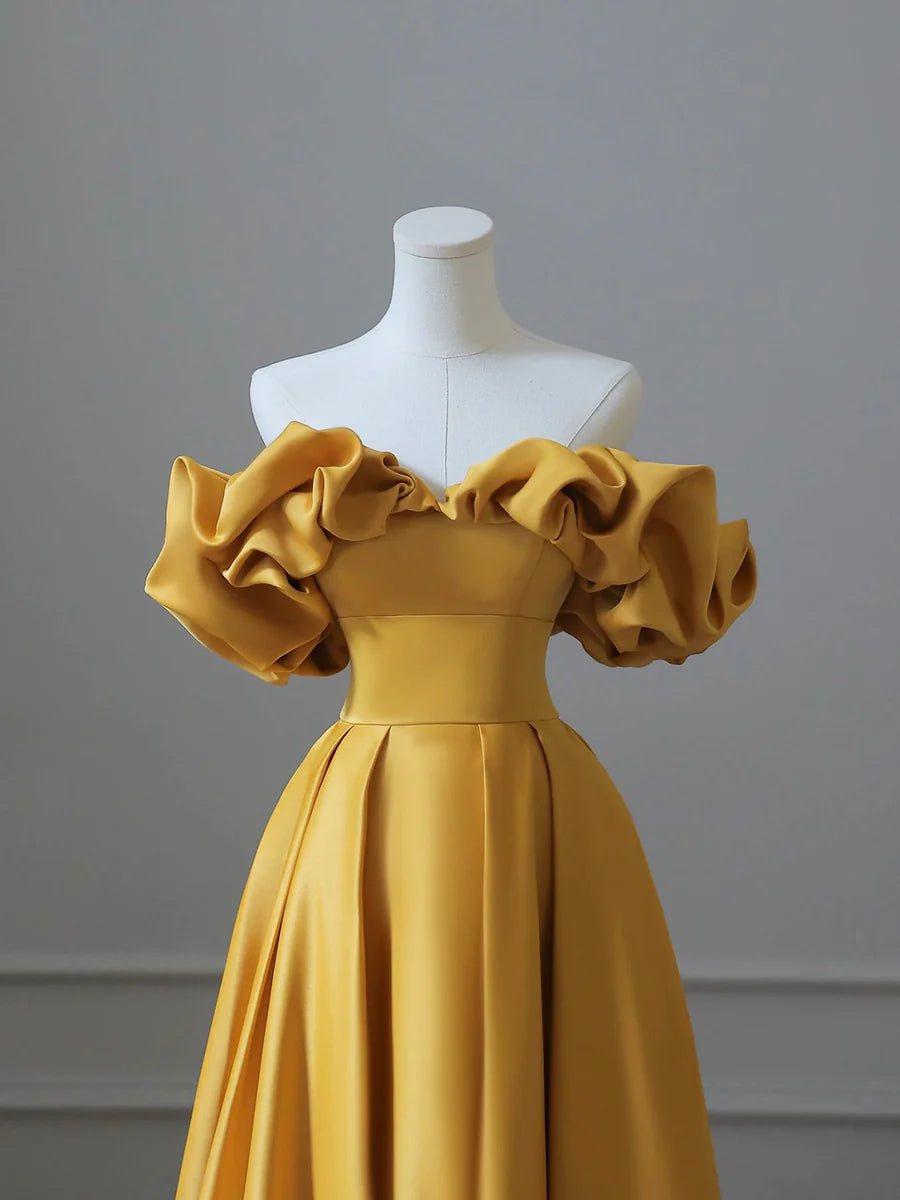 Yellow Satin Long Prom Dress, Off Shoulder A-Line Evening Dress TP413