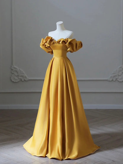 Yellow Satin Long Prom Dress, Off Shoulder A-Line Evening Dress TP413