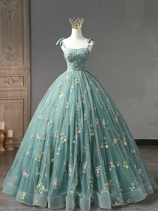 Green Floral Tulle Long Prom Dress, Cute Off Shoulder Evening Party Dress TP414