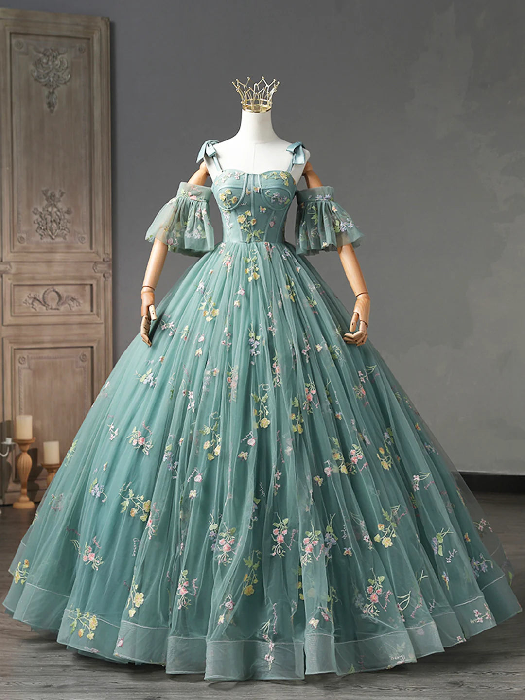Green Floral Tulle Long Prom Dress, Cute Off Shoulder Evening Party Dress TP414