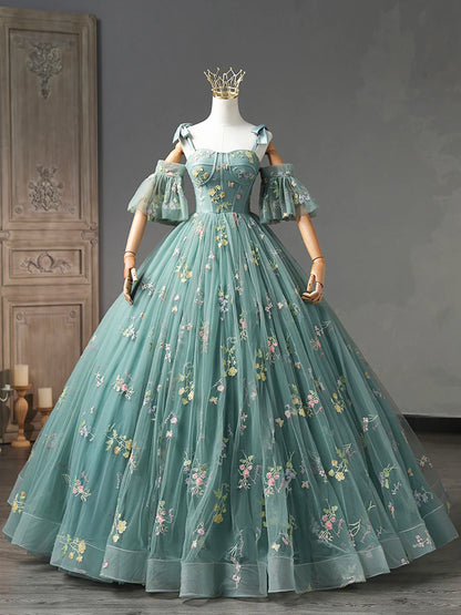 Green Floral Tulle Long Prom Dress, Cute Off Shoulder Evening Party Dress TP414