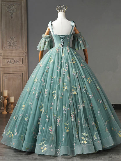 Green Floral Tulle Long Prom Dress, Cute Off Shoulder Evening Party Dress TP414