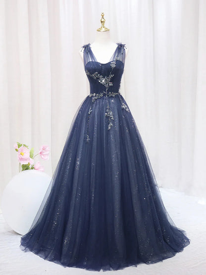 Blue Tulle Beaded Long Prom Dress, Blue Evening Party Dress TP415
