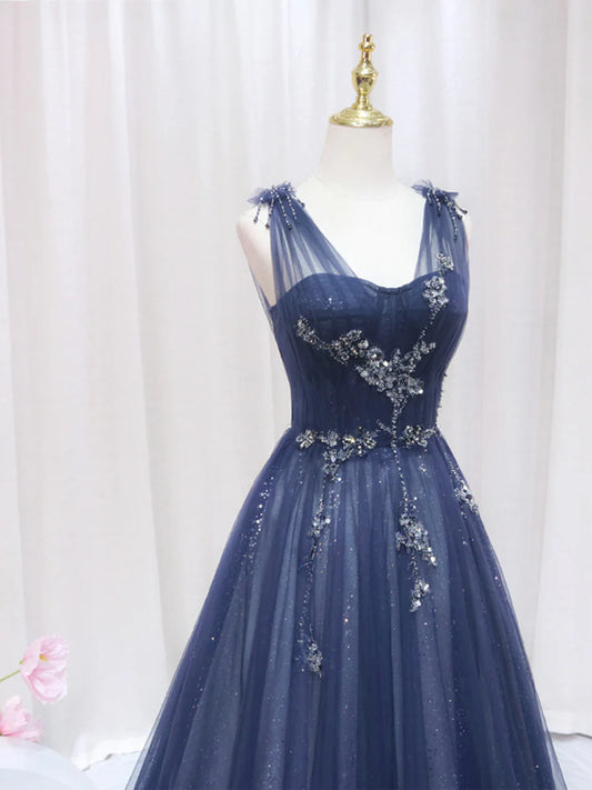 Blue Tulle Beaded Long Prom Dress, Blue Evening Party Dress TP415