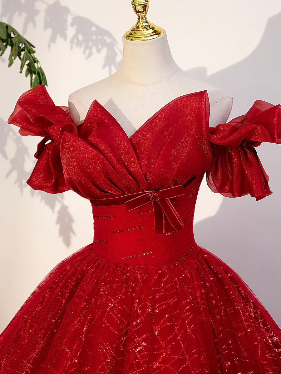 Red Tulle Long A-Line Ball Gown, Red Off Shoulder Formal Dress TP418