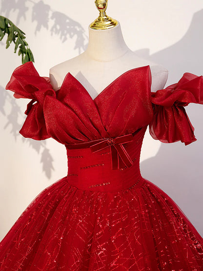Red Tulle Long A-Line Ball Gown, Red Off Shoulder Formal Dress TP418