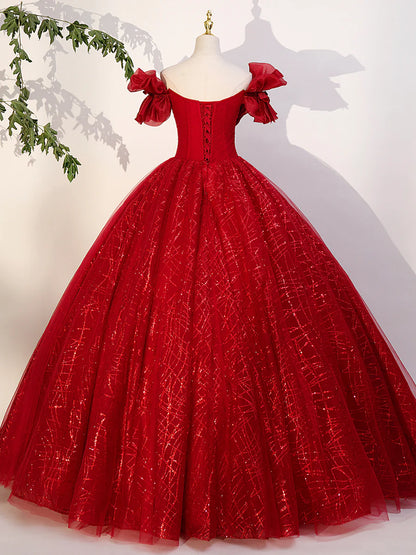 Red Tulle Long A-Line Ball Gown, Red Off Shoulder Formal Dress TP418