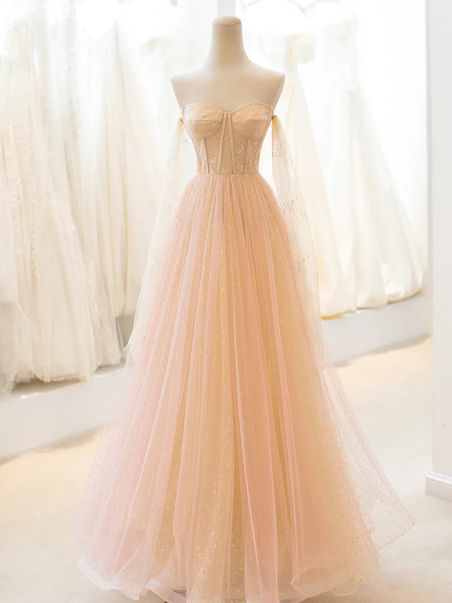 Cute Tulle Long Prom Dress, A-Line Strapless Evening Dress TP419