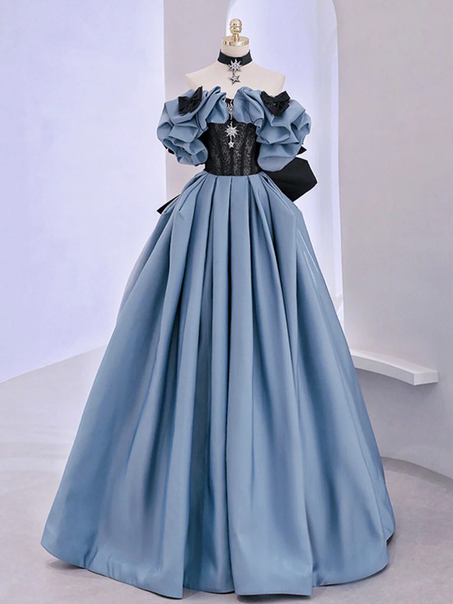 Blue Satin Lace Long Prom Dress, Off Shoulder Evening Dress TP420