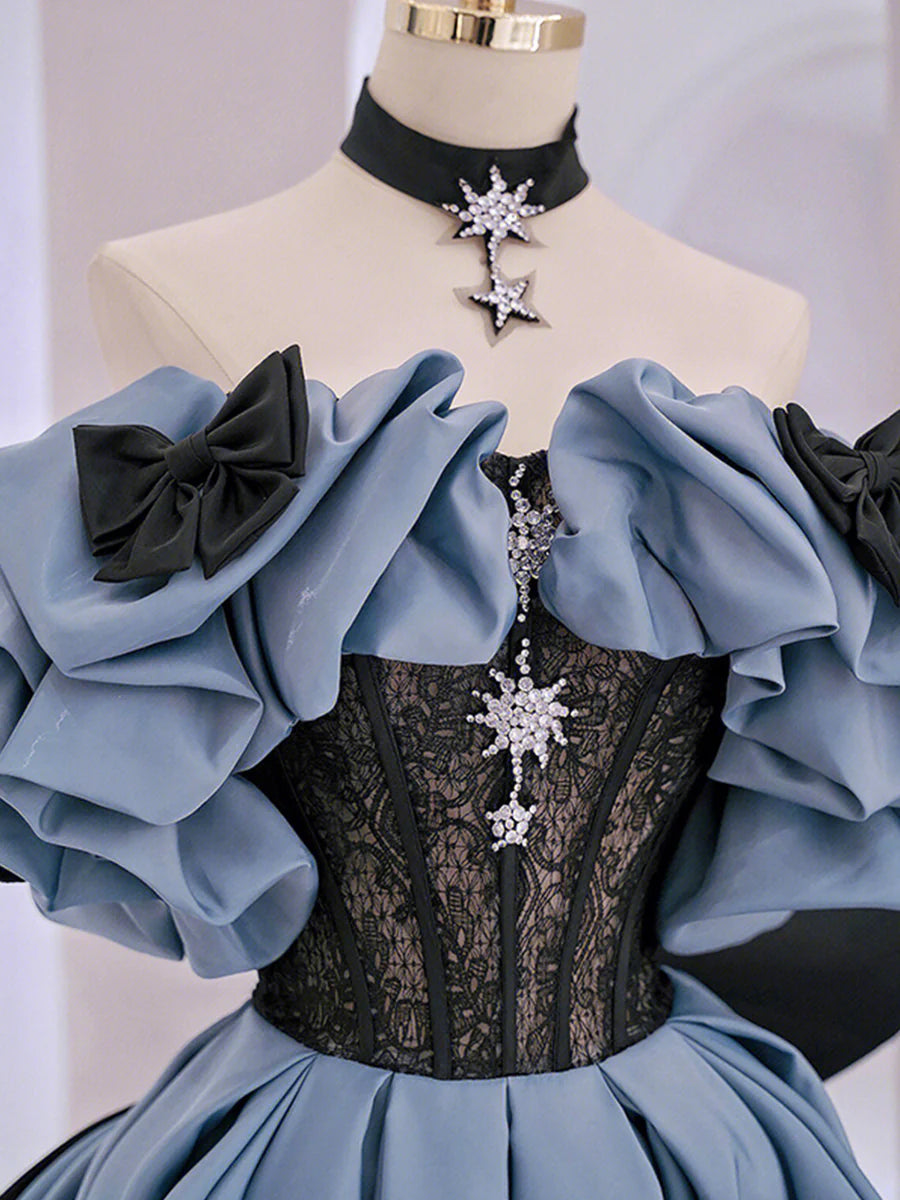 Blue Satin Lace Long Prom Dress, Off Shoulder Evening Dress TP420