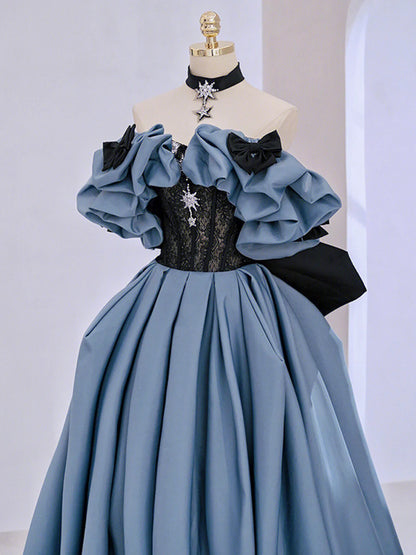 Blue Satin Lace Long Prom Dress, Off Shoulder Evening Dress TP420