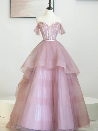 Pink Tulle Sequins Long Prom Dress, Off Shoulder Evening Dress TP421