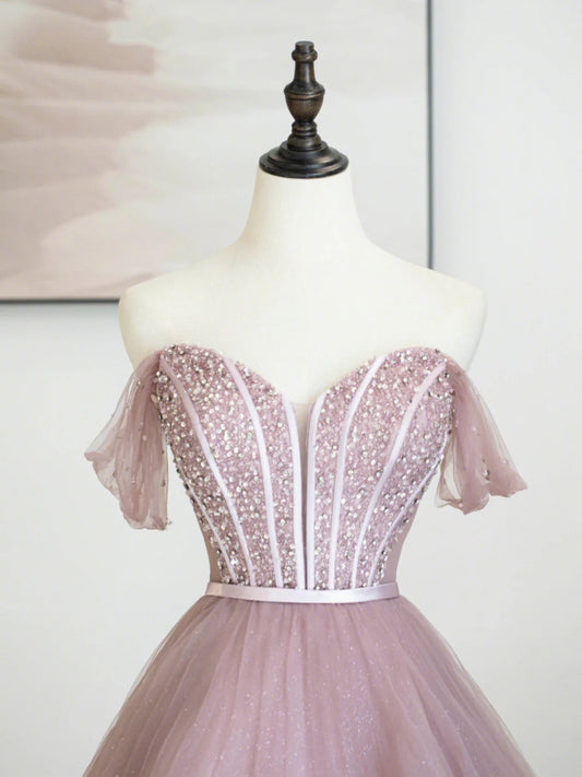 Pink Tulle Sequins Long Prom Dress, Off Shoulder Evening Dress TP421