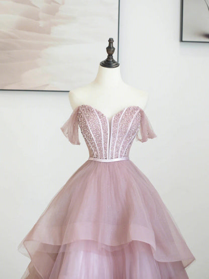 Pink Tulle Sequins Long Prom Dress, Off Shoulder Evening Dress TP421