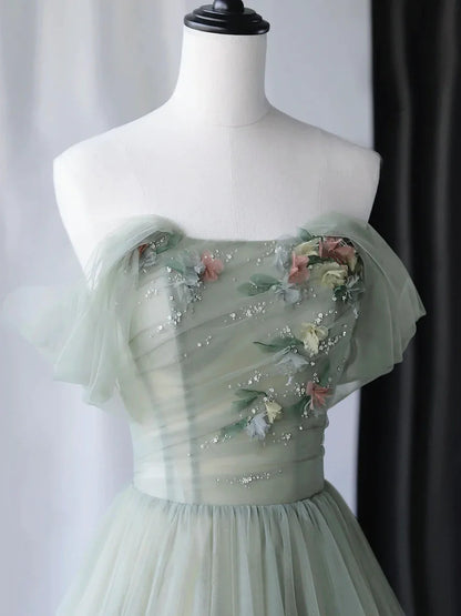 Beautiful Green Tulle Long Prom Dress, Off Shoulder Evening Dress TP422