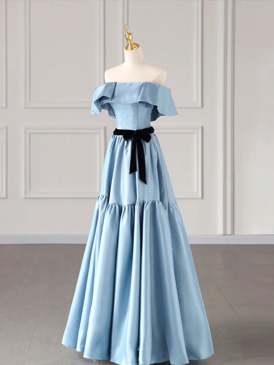 Blue Satin Long Formal Dress, Blue Strapless A-Line Prom Dress TP423