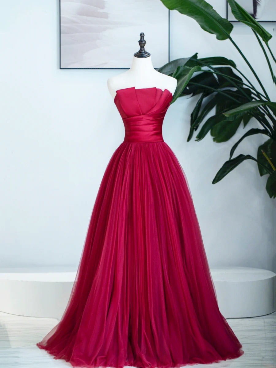 Burgundy Strapless Tulle Prom Dress, Burgundy Long Formal Dress TP424
