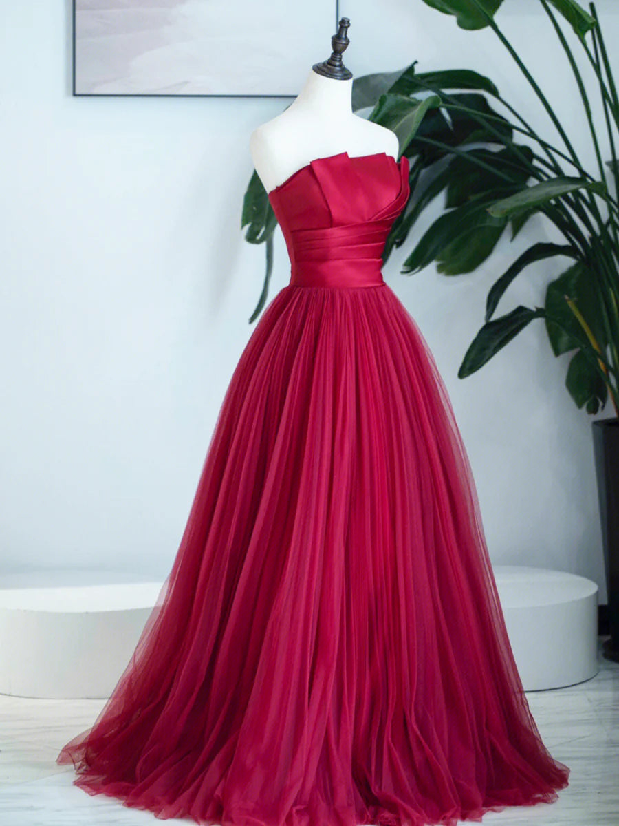 Burgundy Strapless Tulle Prom Dress, Burgundy Long Formal Dress TP424