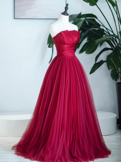 Burgundy Strapless Tulle Prom Dress, Burgundy Long Formal Dress TP424