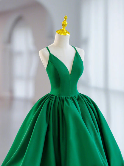 Green V-Neck Satin Short Prom Dress, A-Line Green Evening Dress TP425