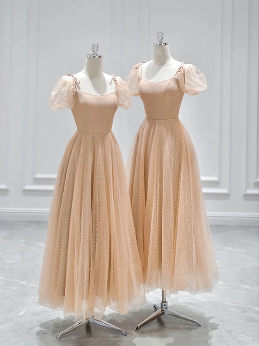 Cute Tulle Tea Length Prom Dress, A-Line Short Sleeve Evening Dress TP426