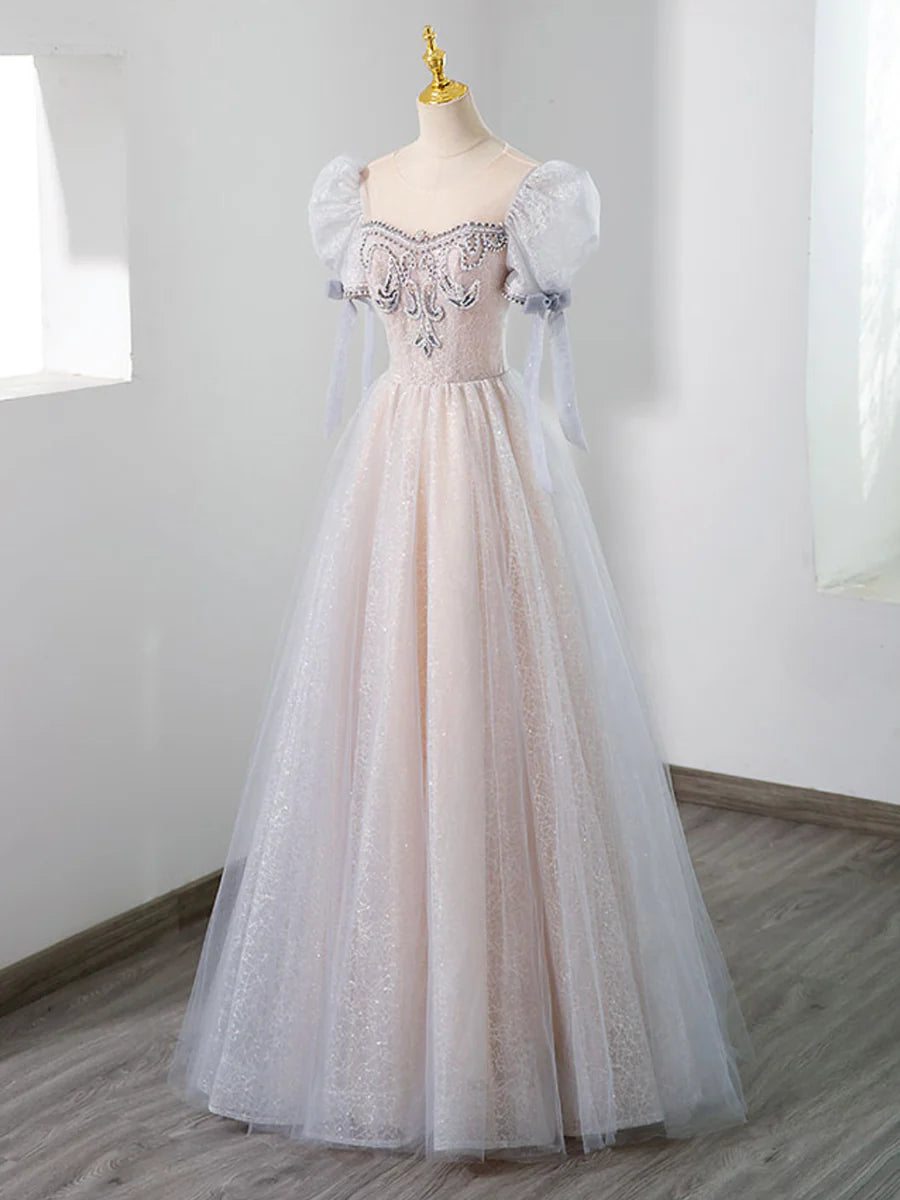 Cute Tulle Beaded Long Prom Dress, A-Line Short Sleeve Evening Dress TP429