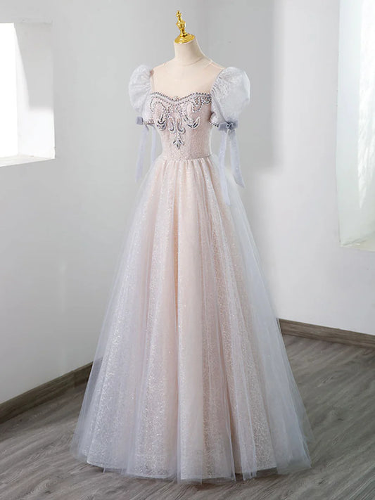 Cute Tulle Beaded Long Prom Dress, A-Line Short Sleeve Evening Dress TP429